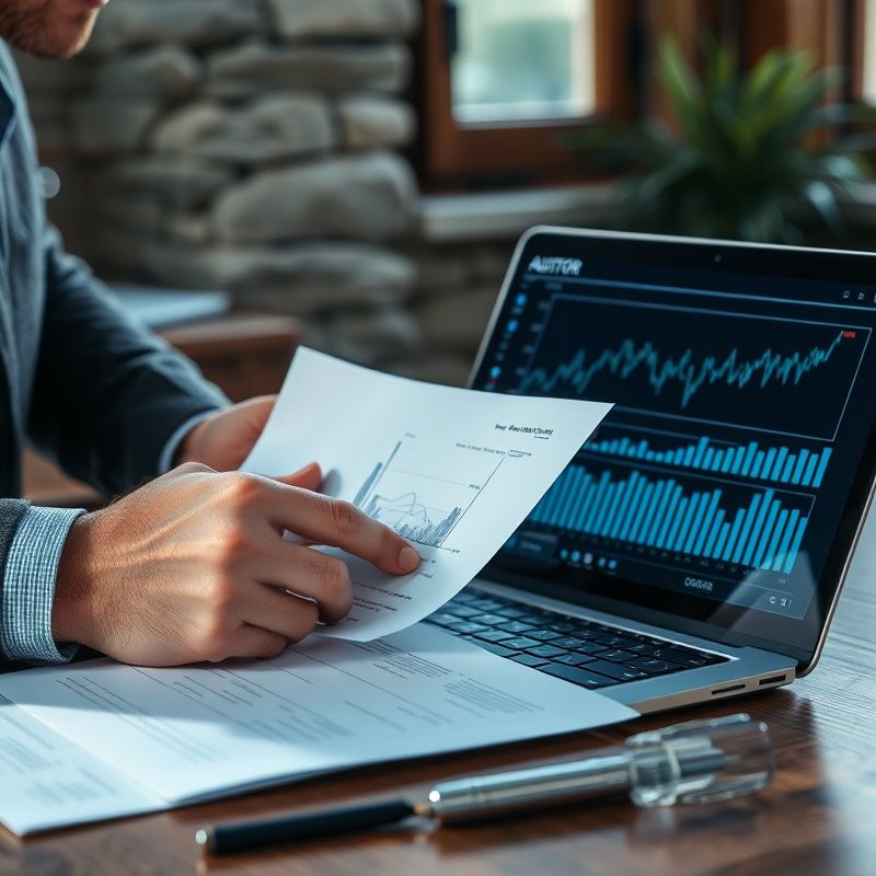 Revizor pregleduje finančno dokumentacijo in prikaz podatkov na zaslonu